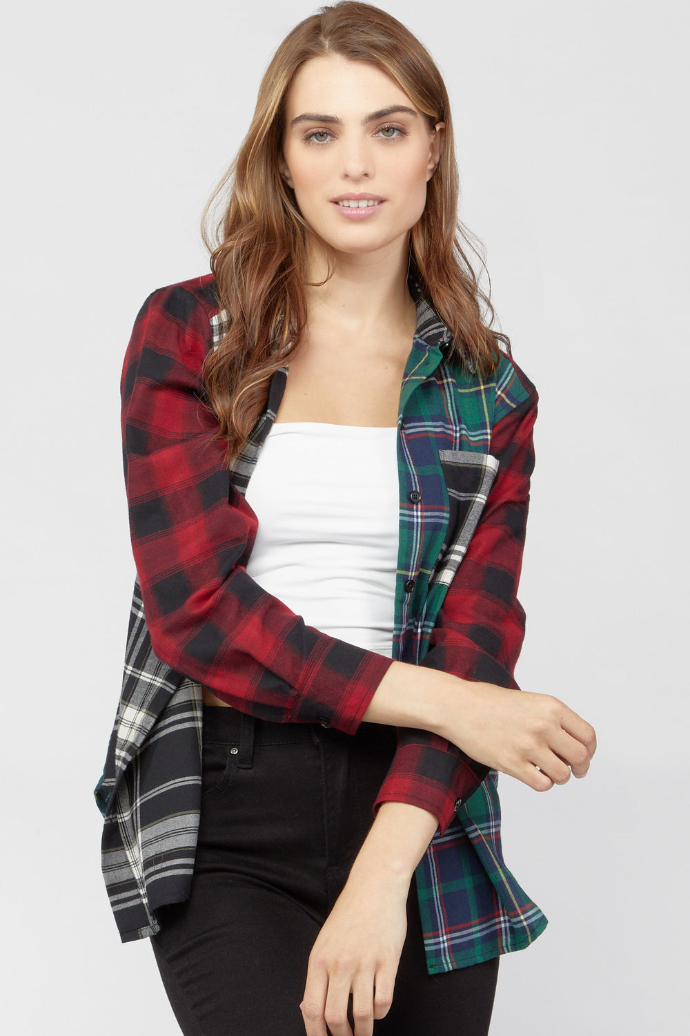 Colorblock Plaid Flannel Shirt Red