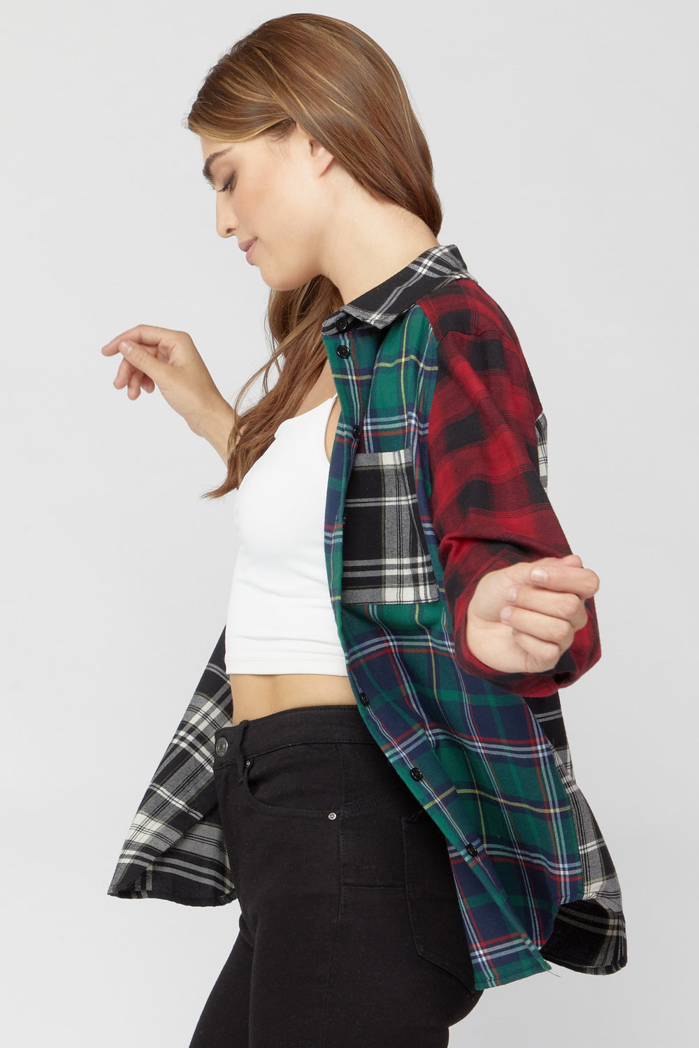 Colorblock Plaid Flannel Shirt Red