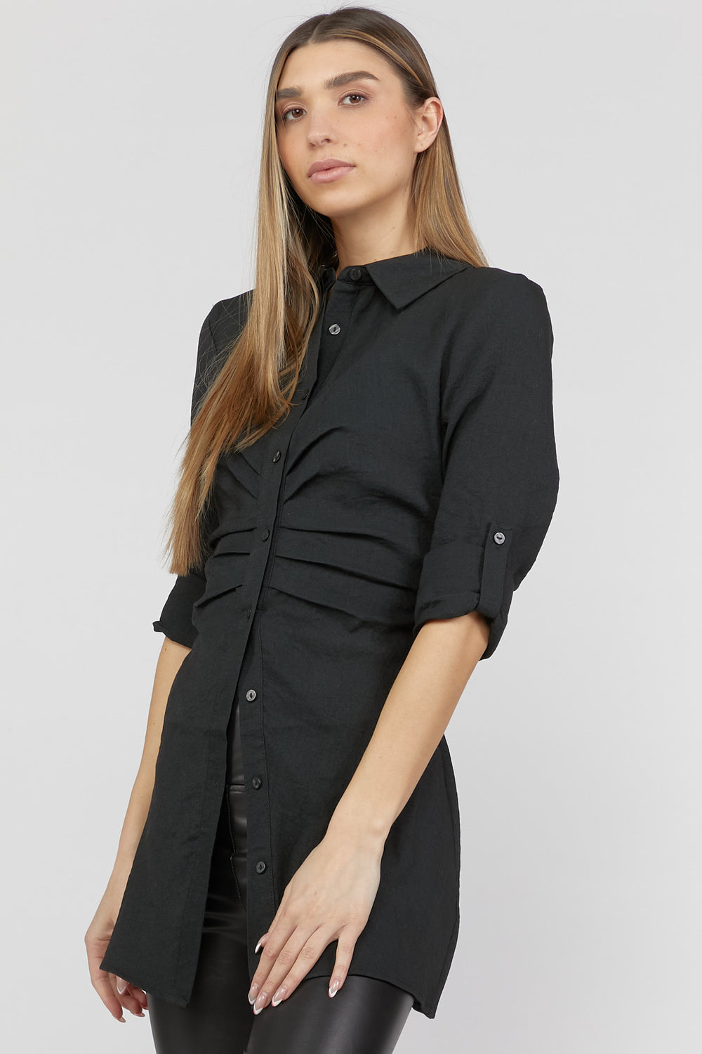 Ruched Button-Front Shirt Black