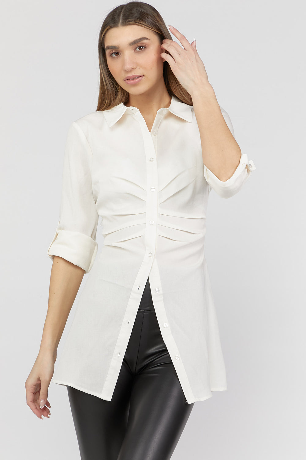 Ruched Button-Front Shirt White