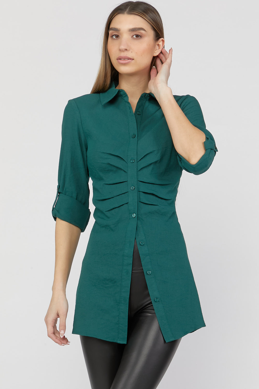Ruched Button-Front Shirt Hunter Green