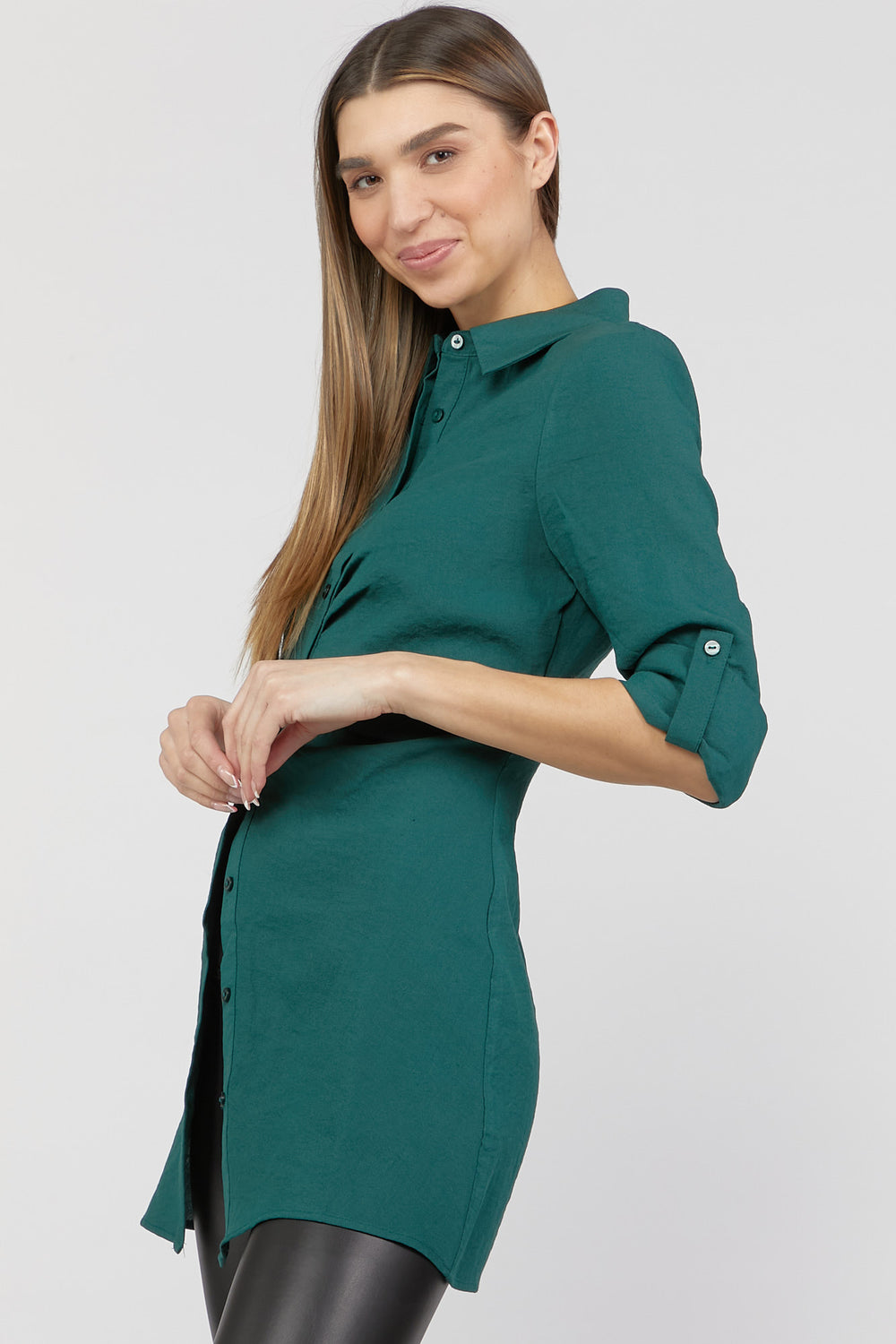 Ruched Button-Front Shirt Hunter Green