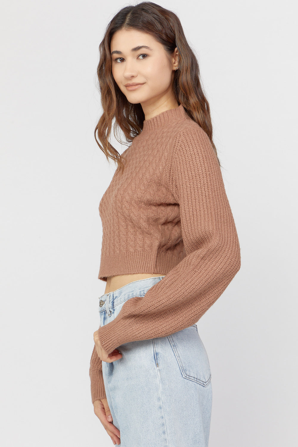 Cable-Knit Mock-Neck Sweater Brown