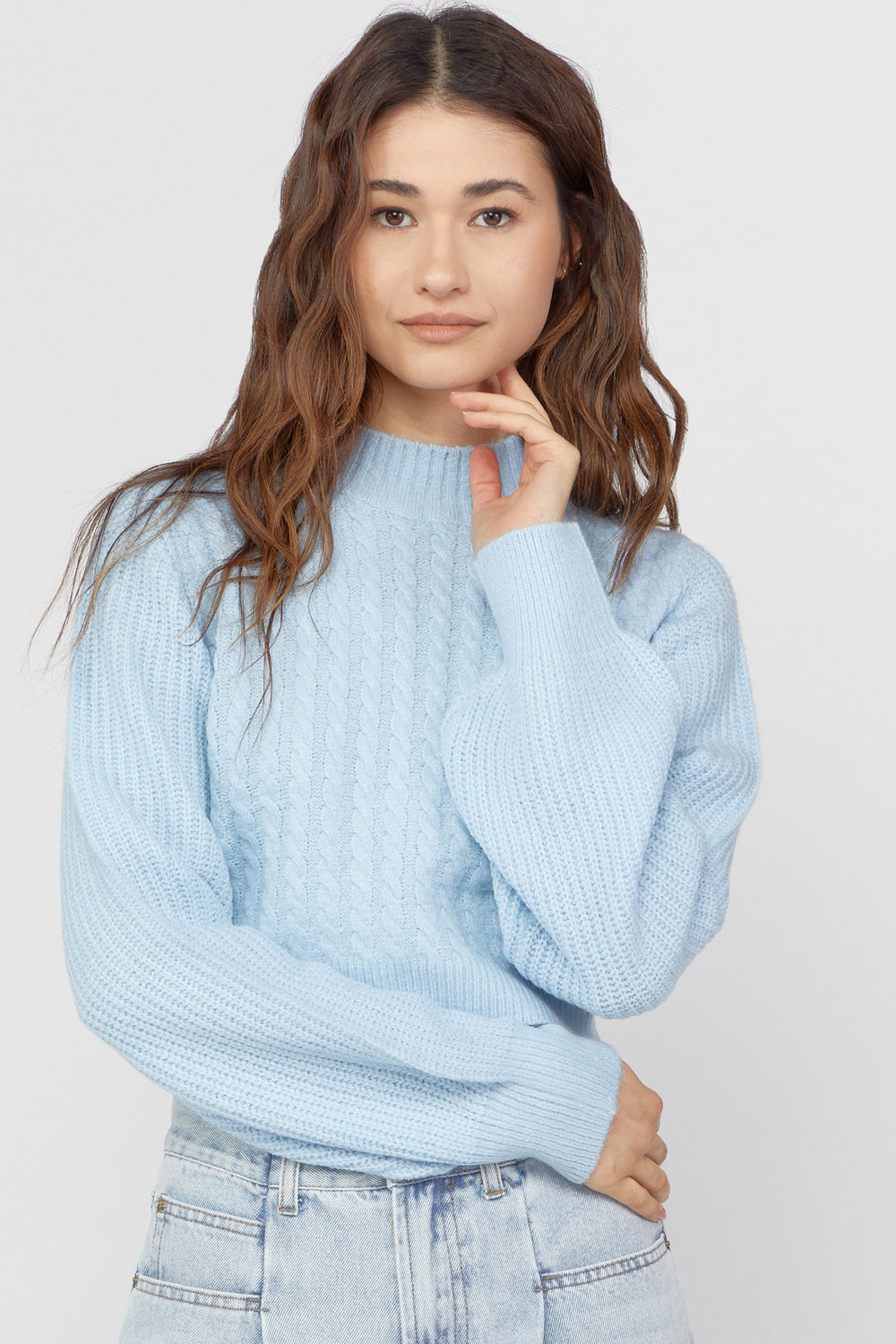 Cable-Knit Mock-Neck Sweater Light Blue