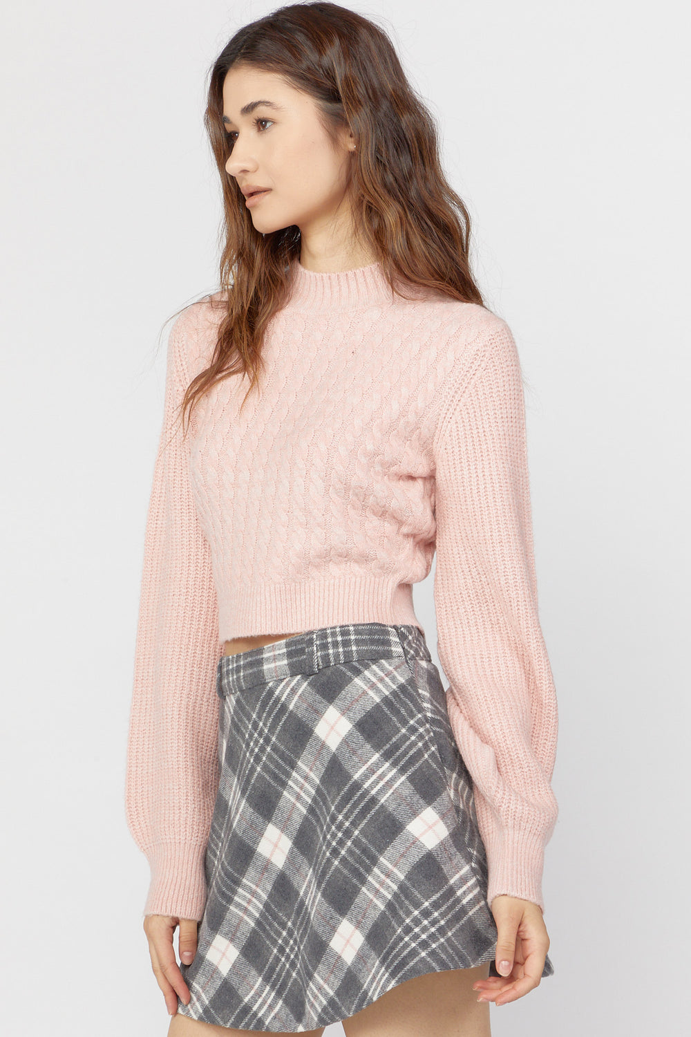 Cable-Knit Mock-Neck Sweater Pink