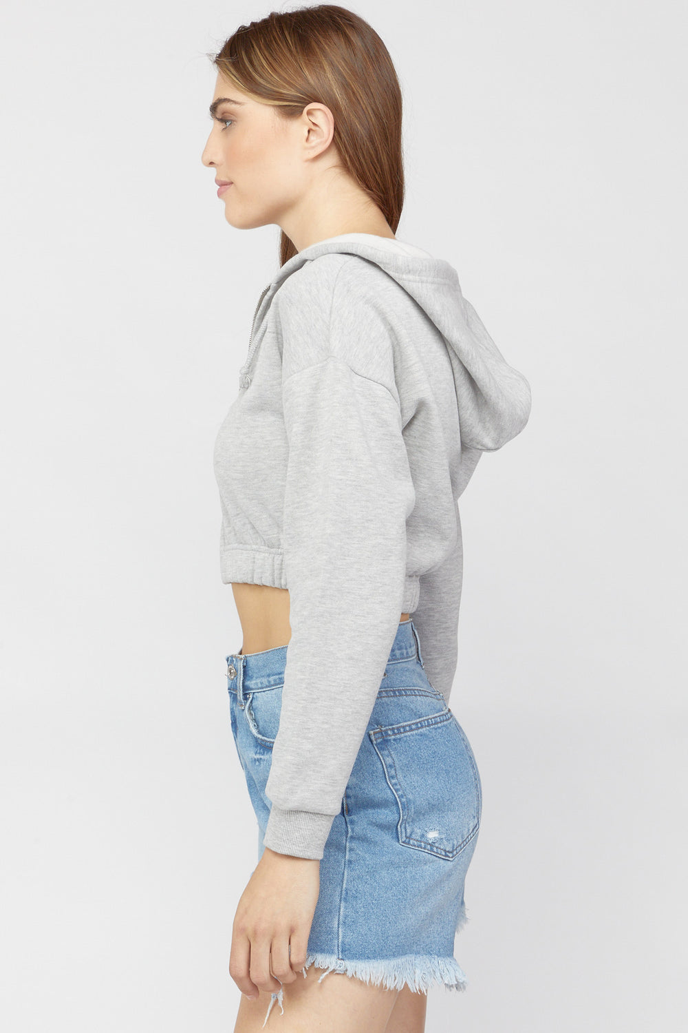 Fleece Zip-Up Cropped Hoodie Heather Grey