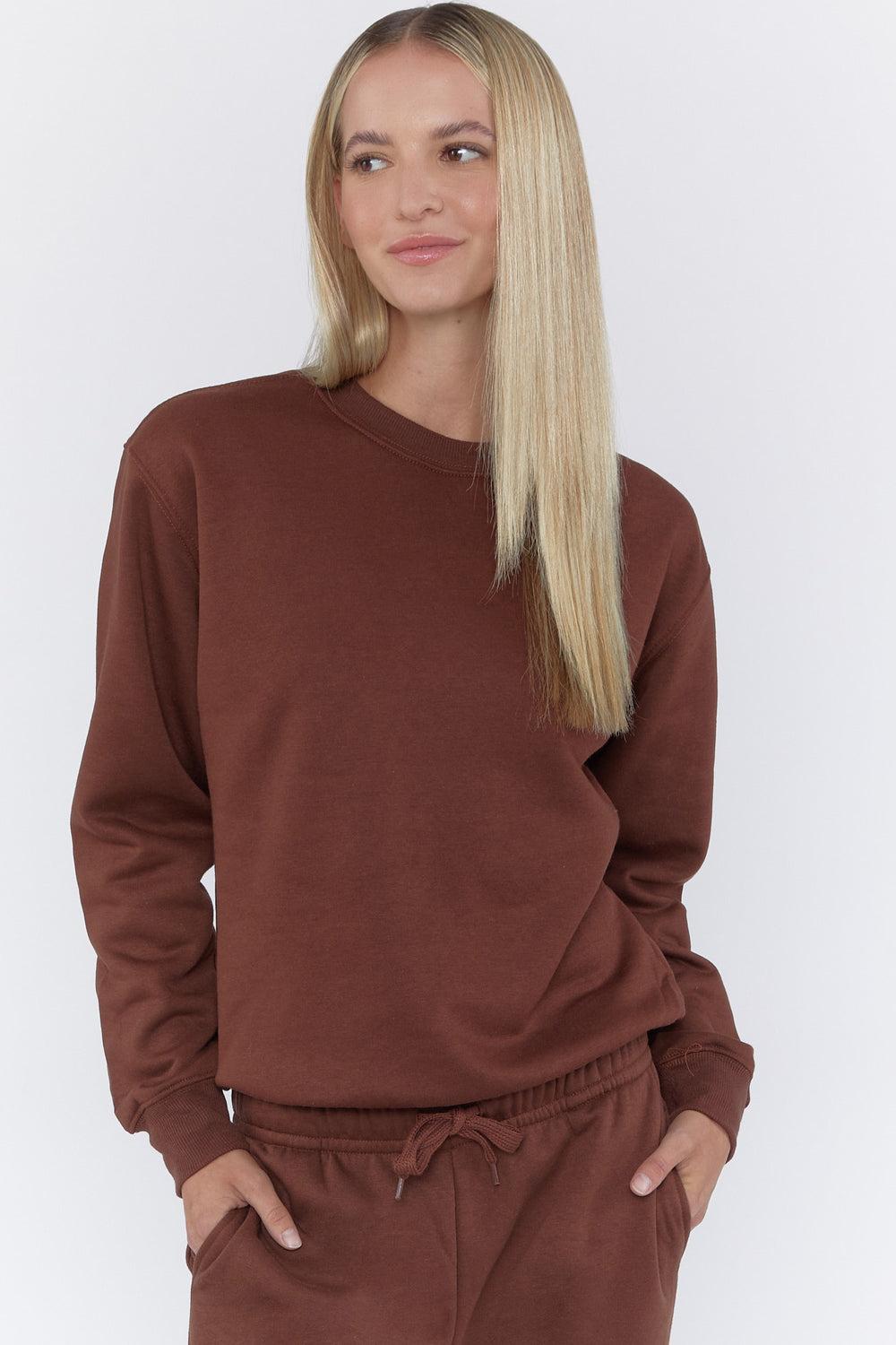 Basic Fleece Crew Neck Pullover Dark Brown