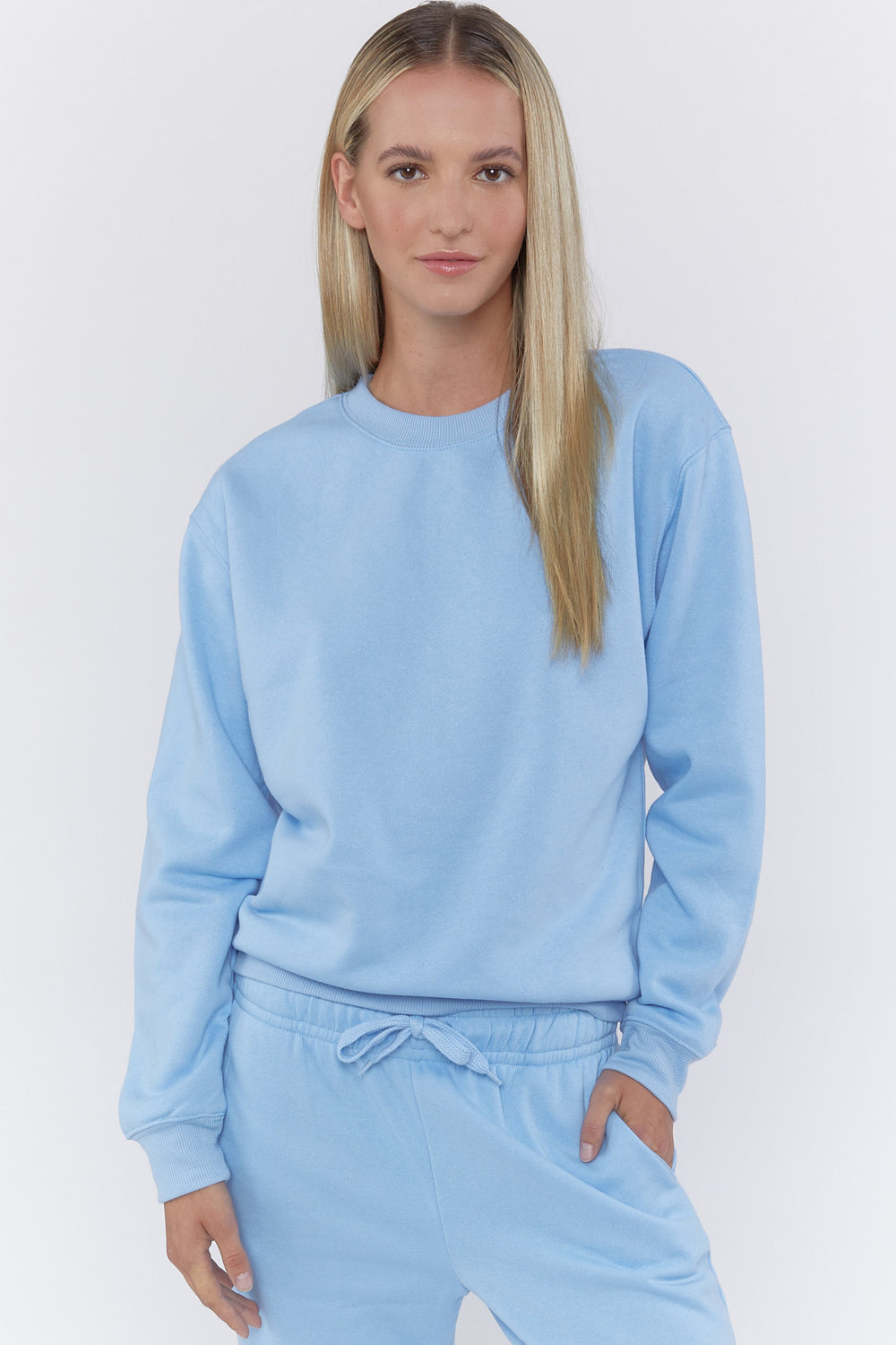 Basic Fleece Crew Neck Pullover Light Blue