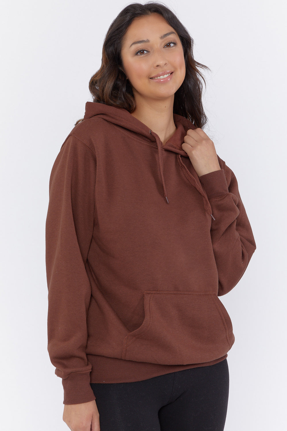 Basic Fleece Drawstring Hoodie Dark Brown