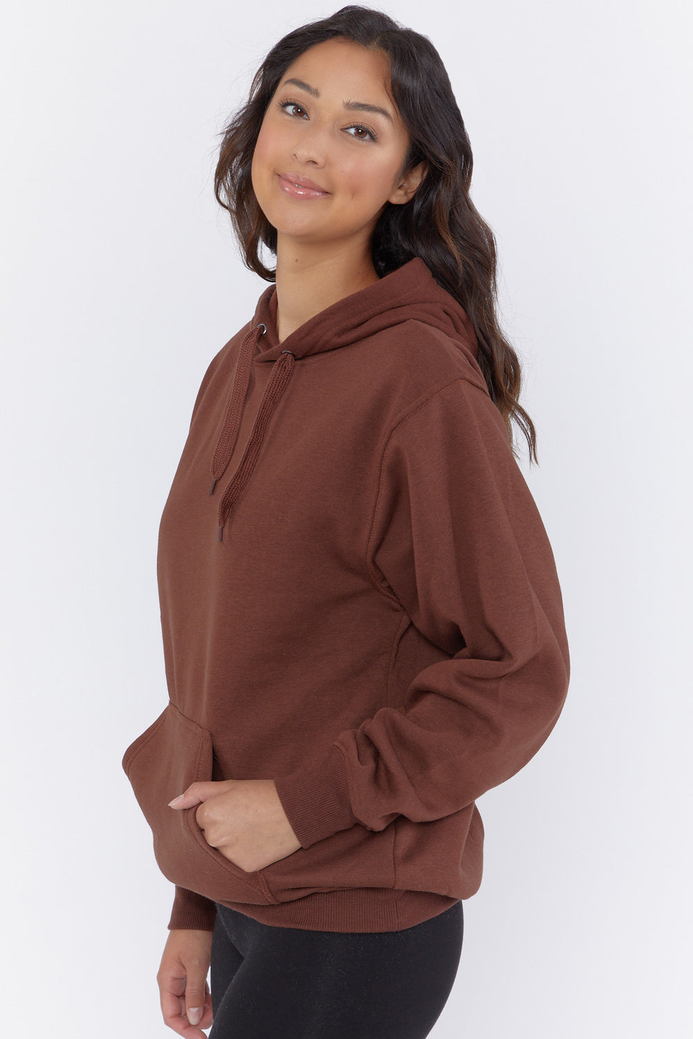 Basic Fleece Drawstring Hoodie Dark Brown