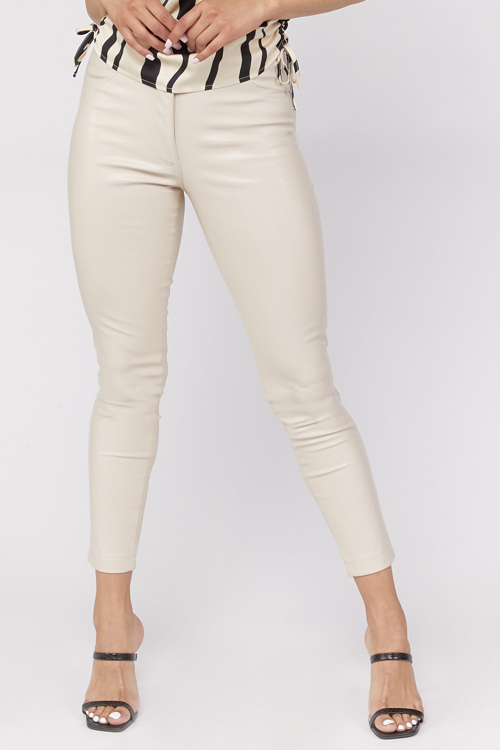 Faux Leather Skinny Ankle Pants Cream