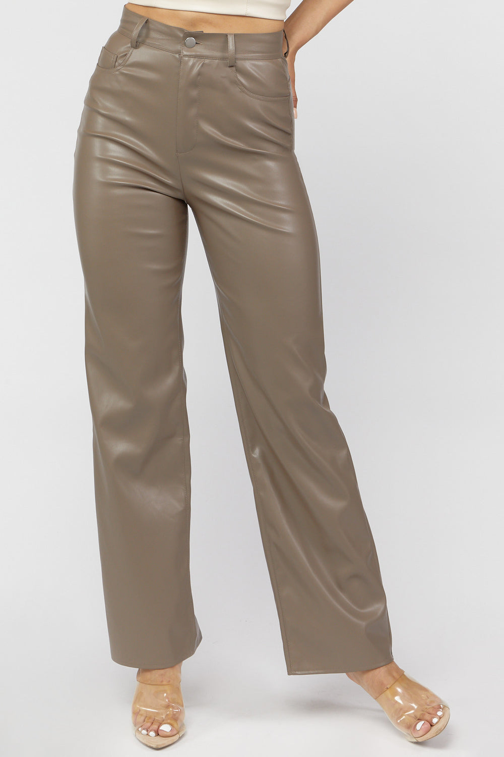 Faux Leather Straight-Leg Pants Brown