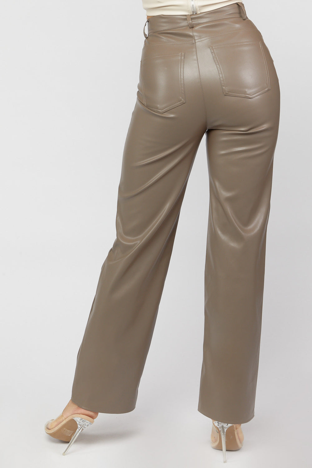 Faux Leather Straight-Leg Pants Brown