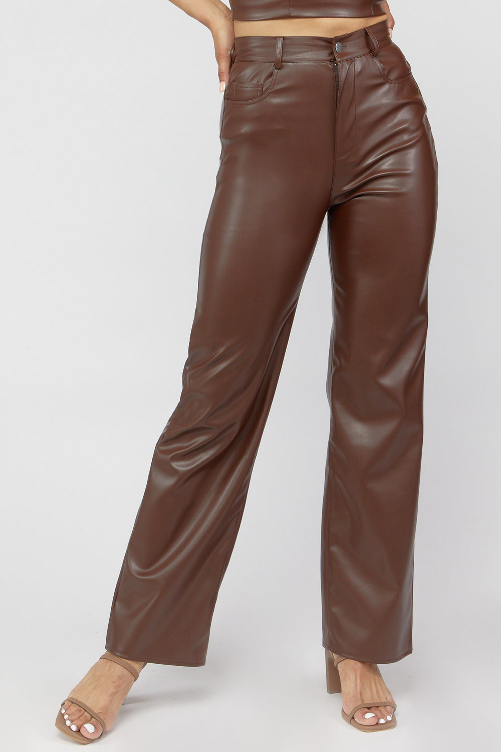 Faux Leather Straight-Leg Pants Dark Brown