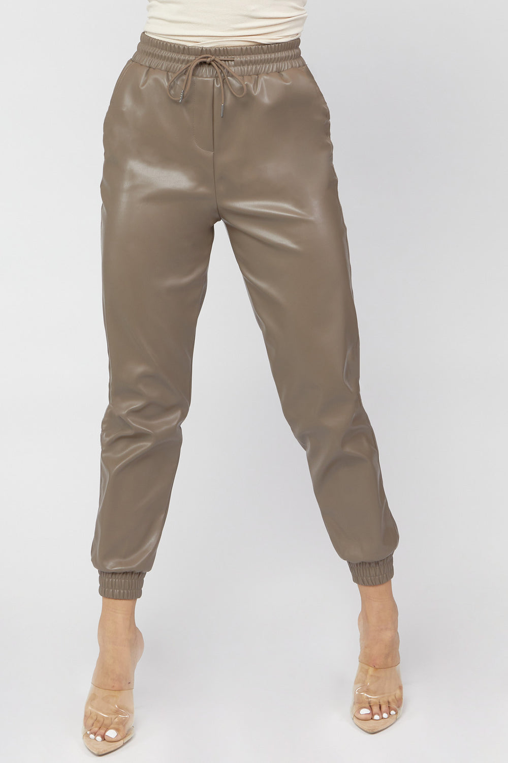 Faux-Leather Drawstring Jogger Brown