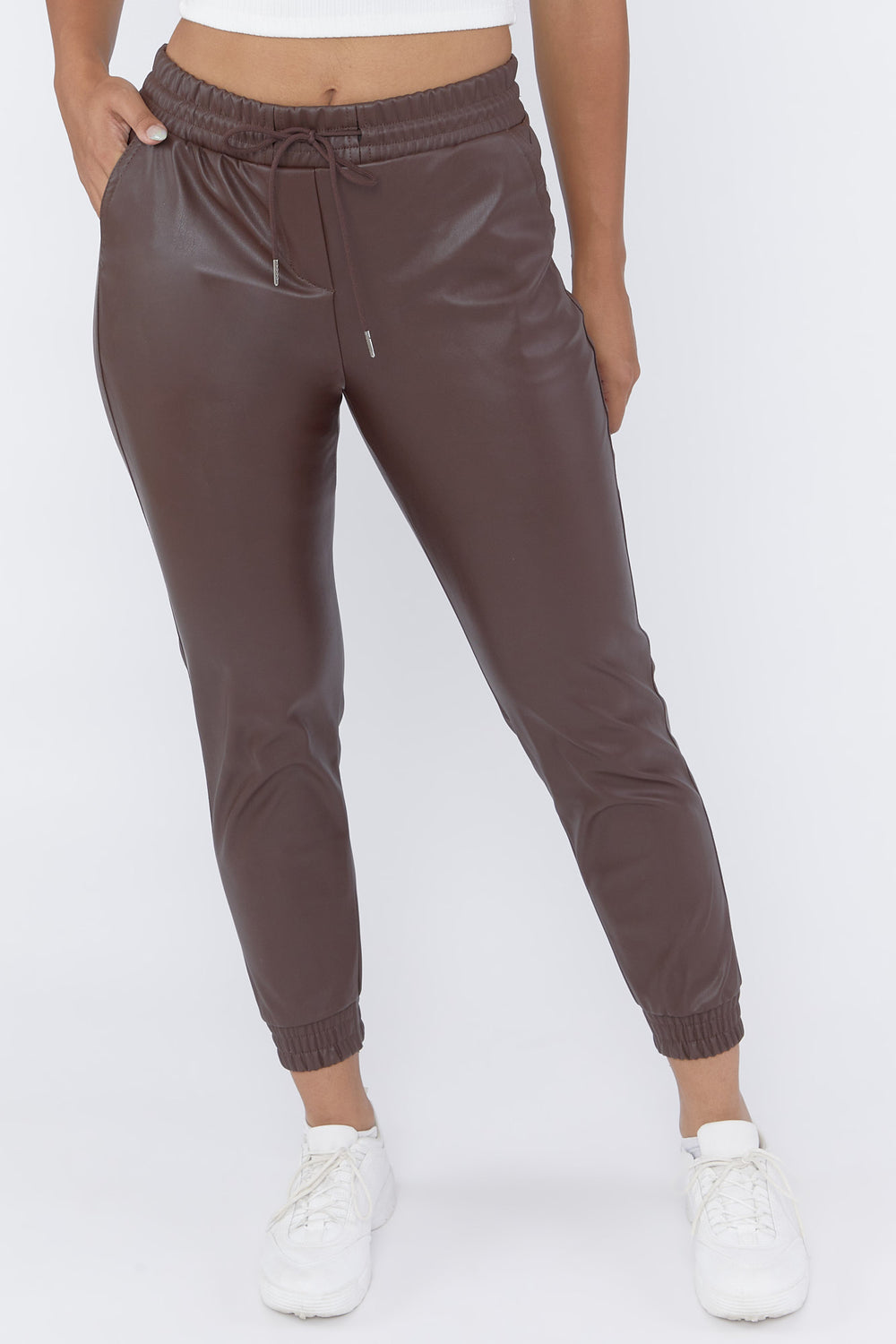 Faux-Leather Drawstring Joggers Brown