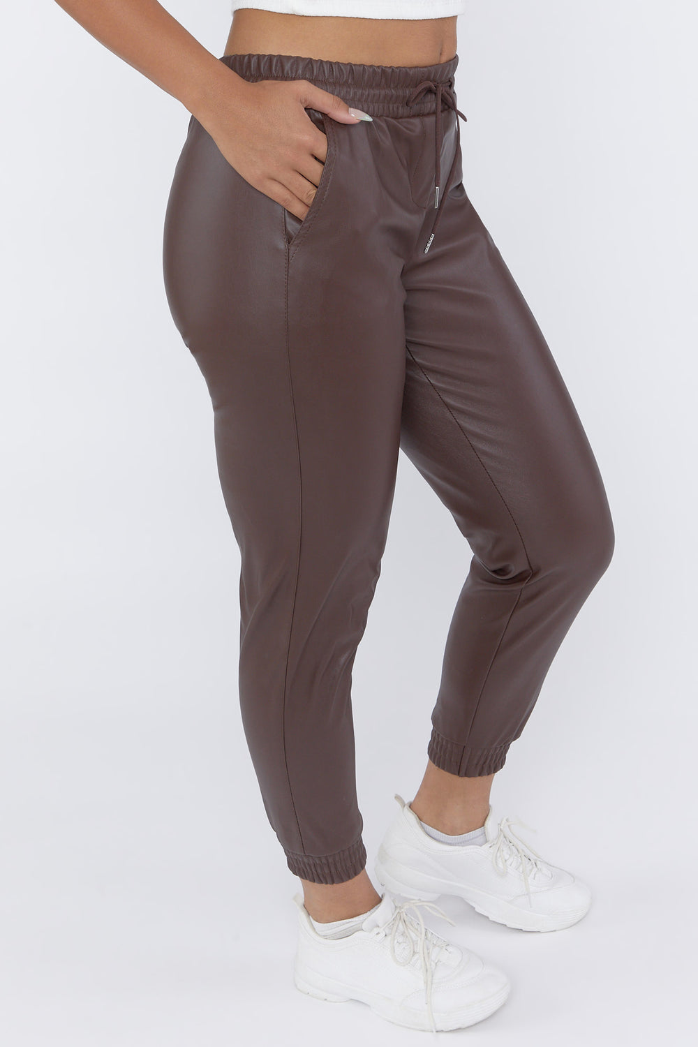 Faux-Leather Drawstring Joggers Brown