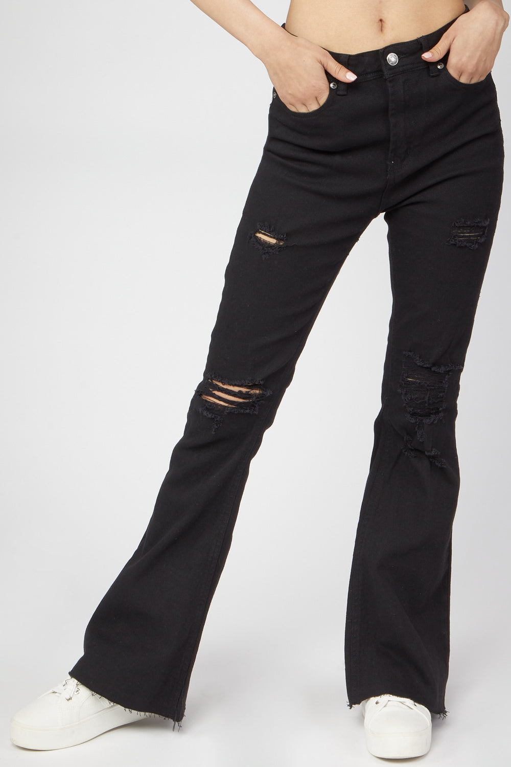 High-Rise Distressed Flare Jean Black