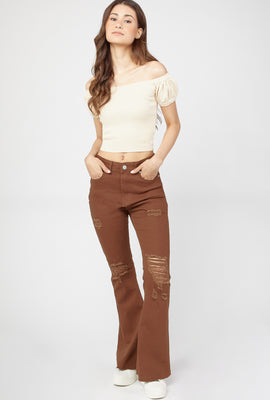 Link to High-Rise Distressed Flare Jean Brown