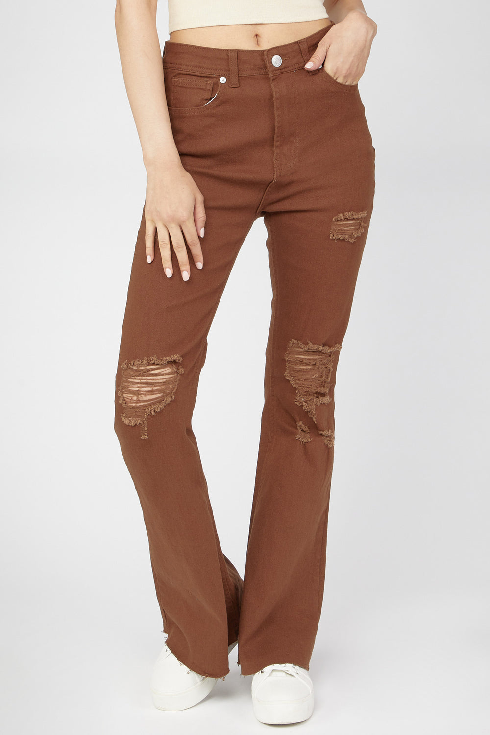 High-Rise Distressed Flare Jean Brown
