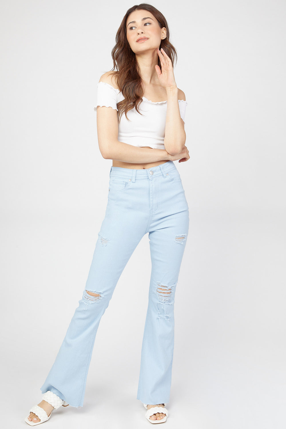 High-Rise Distressed Flare Jean Light Blue