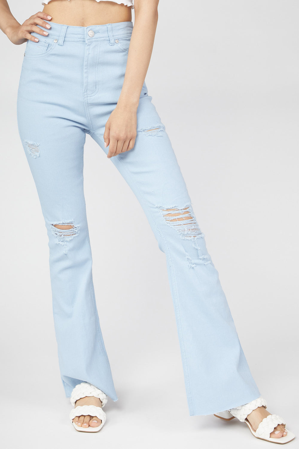 High-Rise Distressed Flare Jean Light Blue