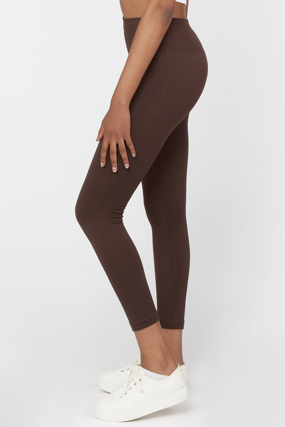 Ribbed Fleece Lined Leggings Dark Brown