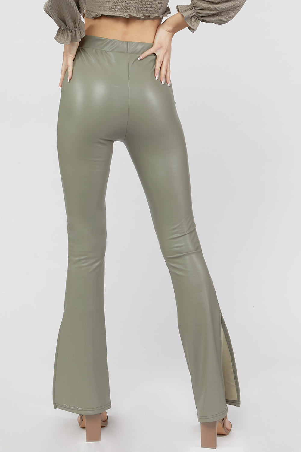 Faux-Leather Flare Pants Dark Green