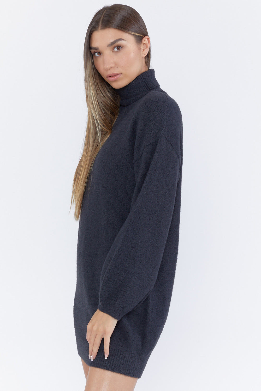 Turtleneck Sweater-Knit Mini Dress Black