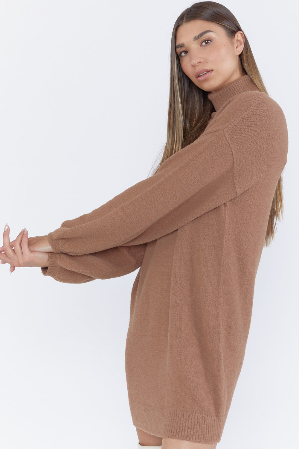 Turtleneck Sweater-Knit Mini Dress Brown