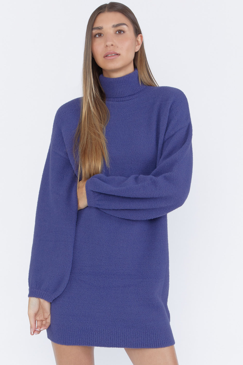 Turtleneck Sweater-Knit Mini Dress Navy