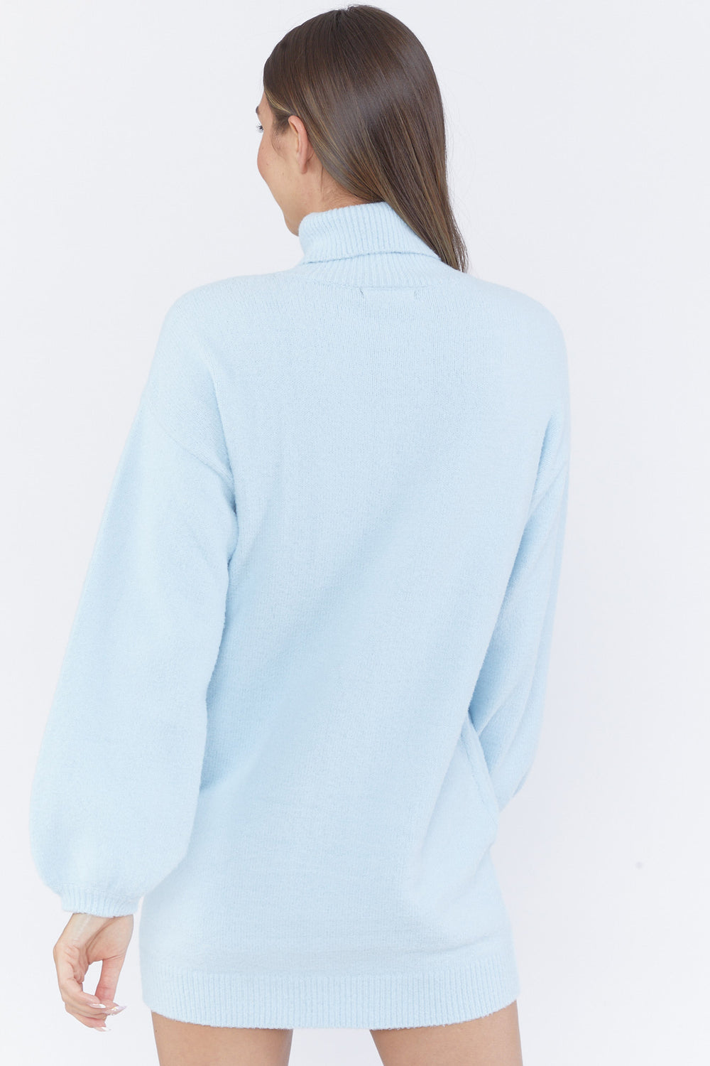 Turtleneck Sweater-Knit Mini Dress Light Blue