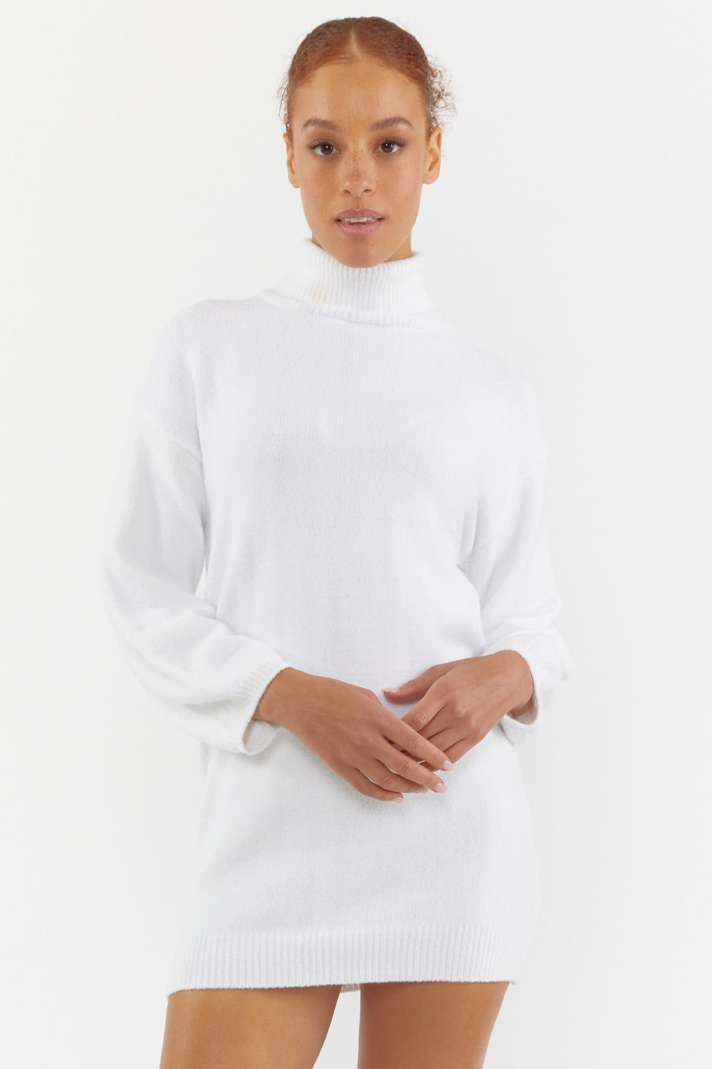 Turtleneck Sweater-Knit Mini Dress White