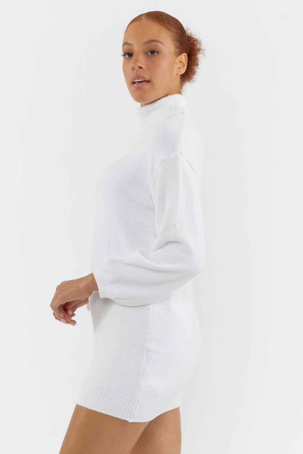Turtleneck Sweater-Knit Mini Dress White