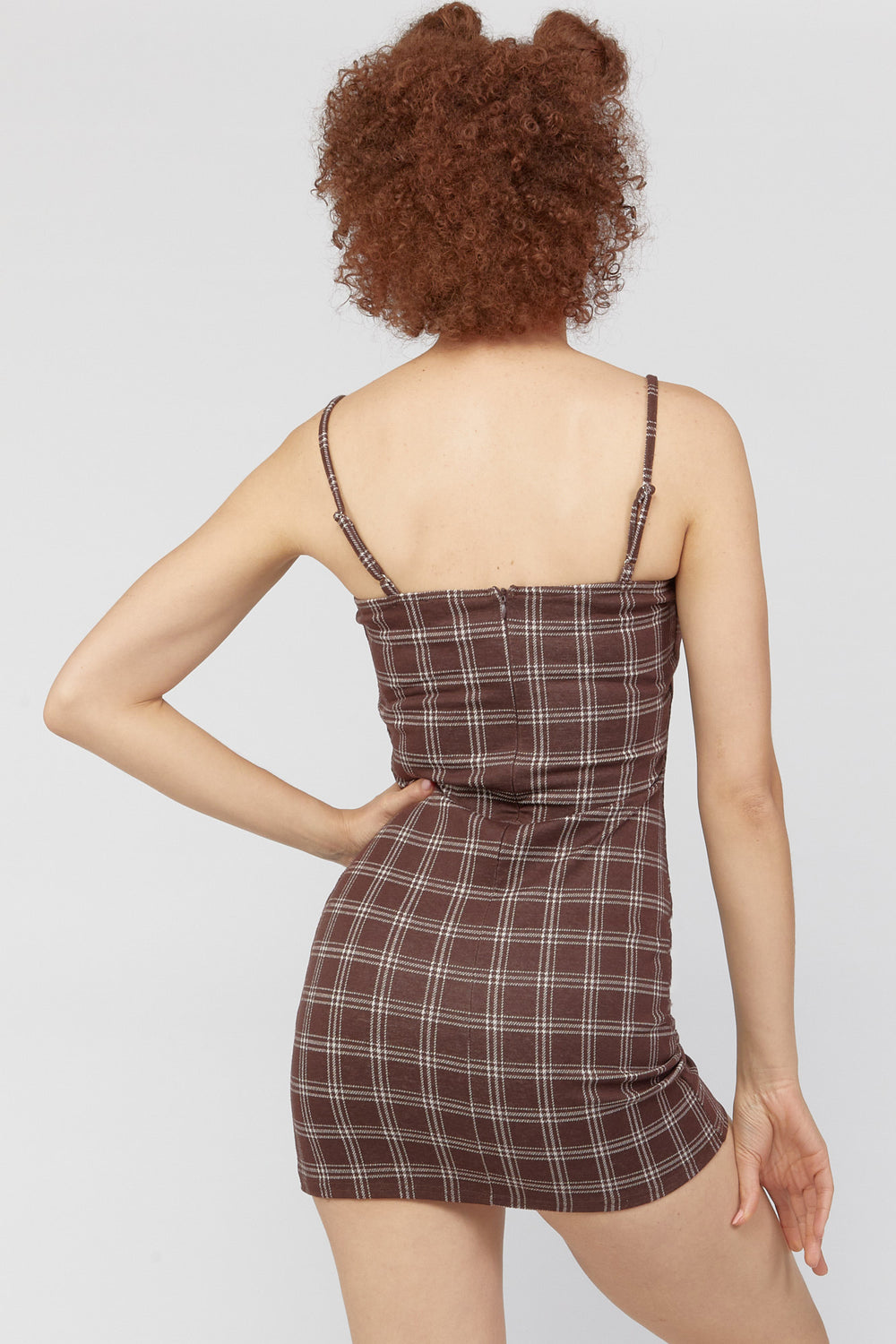 Plaid Leg-Slit Mini Dress Brown