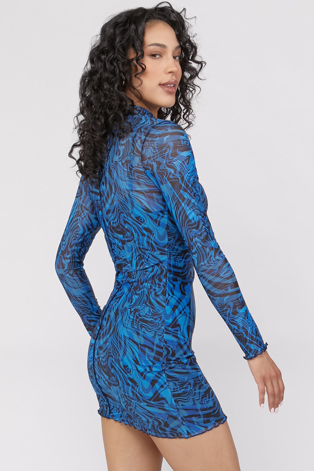 Printed Mesh Mini Dress Blue