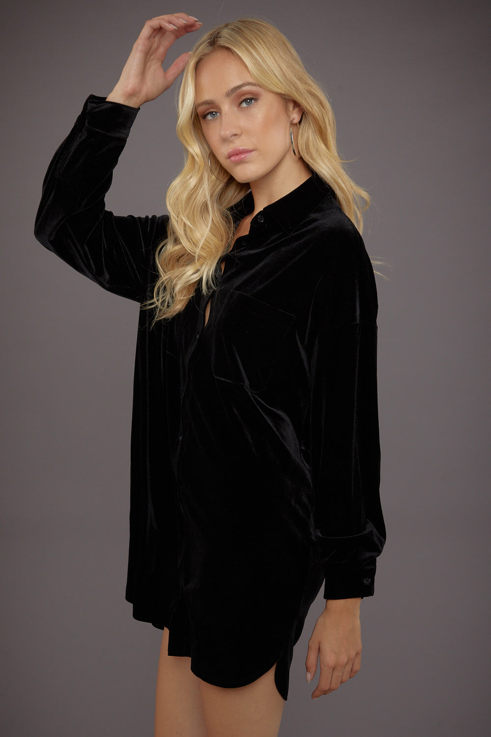 Velvet Mini Shirt Dress Black