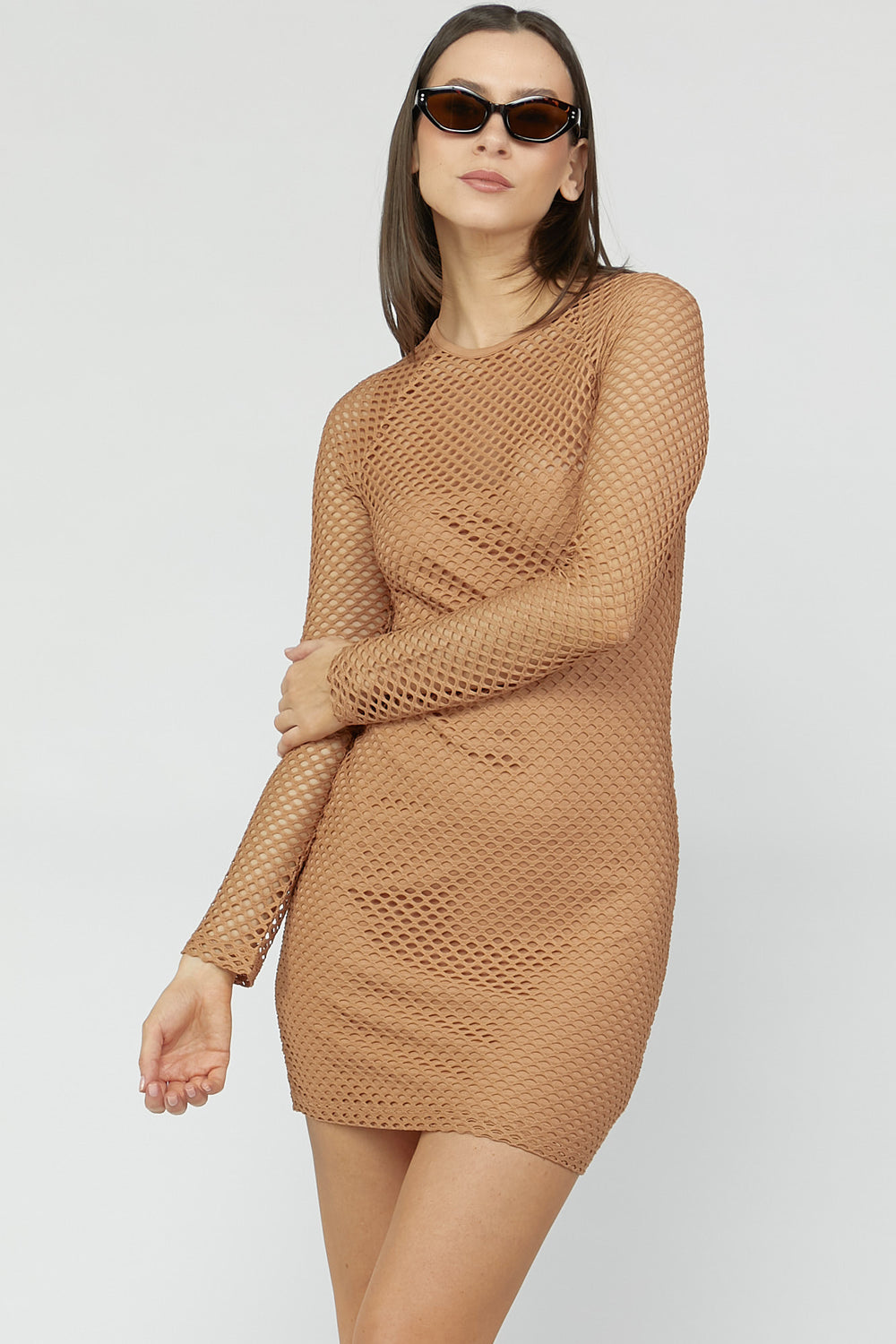 Netted Mesh Long Sleeves Bodycon Dress Taupe