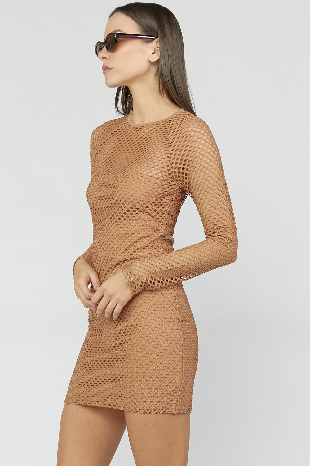 Netted Mesh Long Sleeves Bodycon Dress Taupe