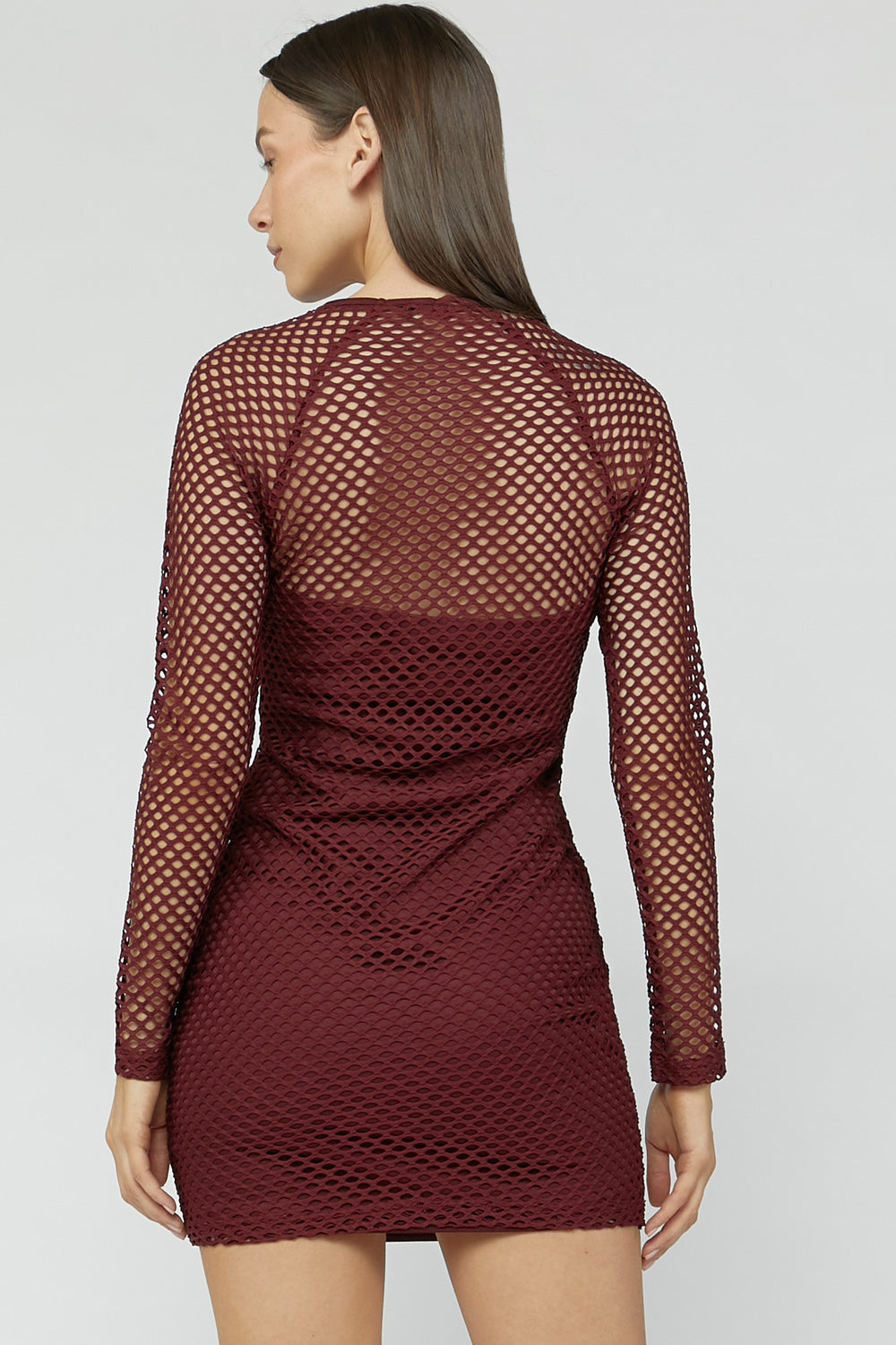 Netted Mesh Long Sleeves Bodycon Dress Wine