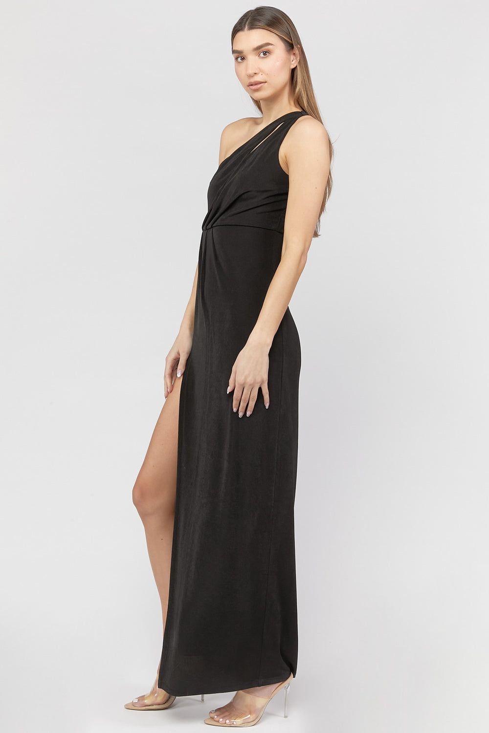 One-Shoulder Leg-Slit Maxi Dress Black