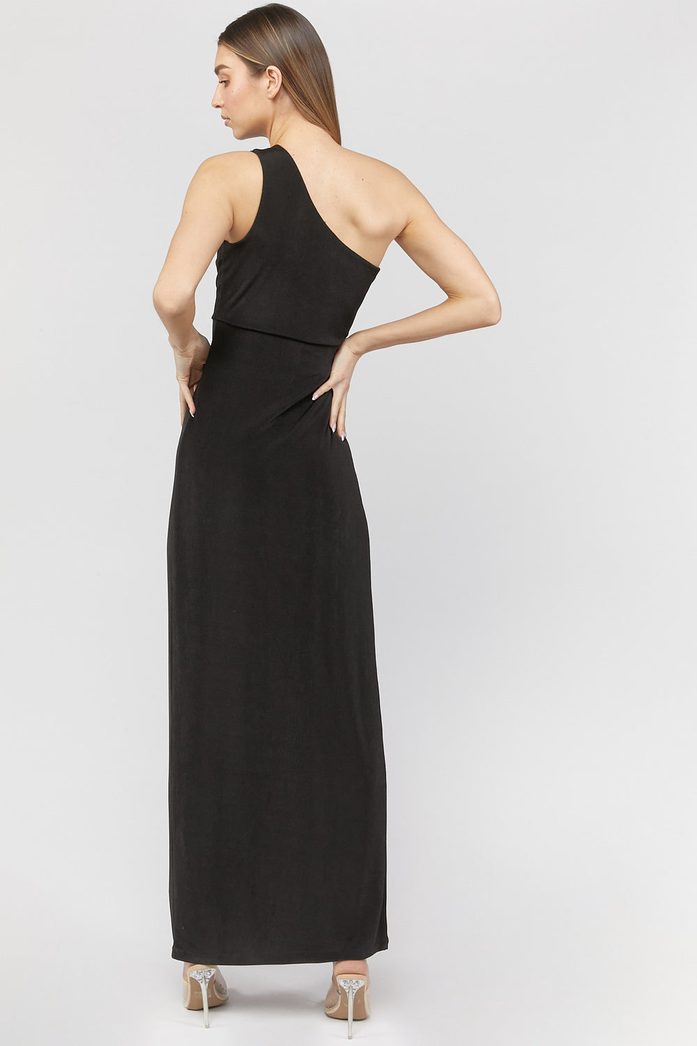One-Shoulder Leg-Slit Maxi Dress Black