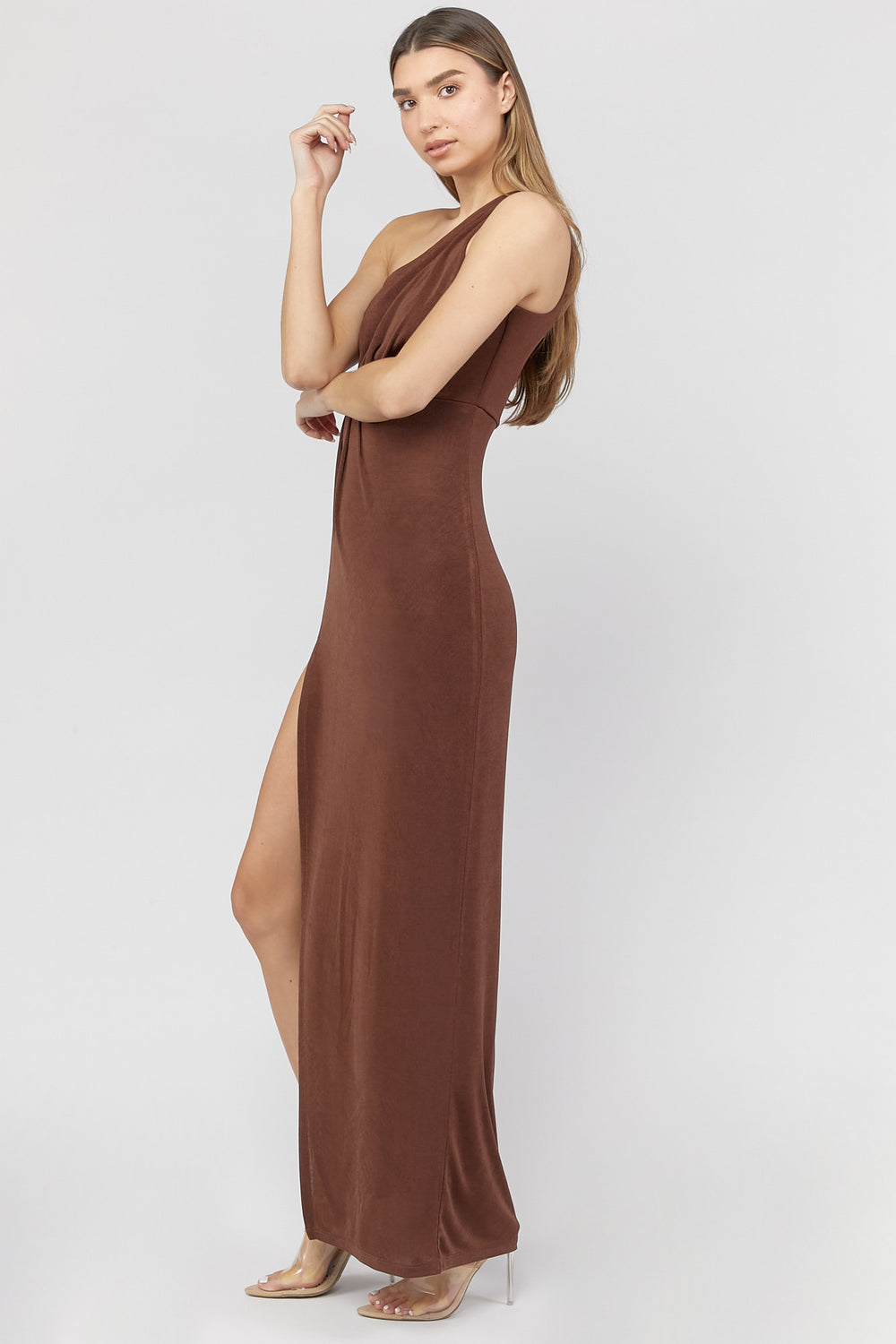 One-Shoulder Leg-Slit Maxi Dress Dark Brown