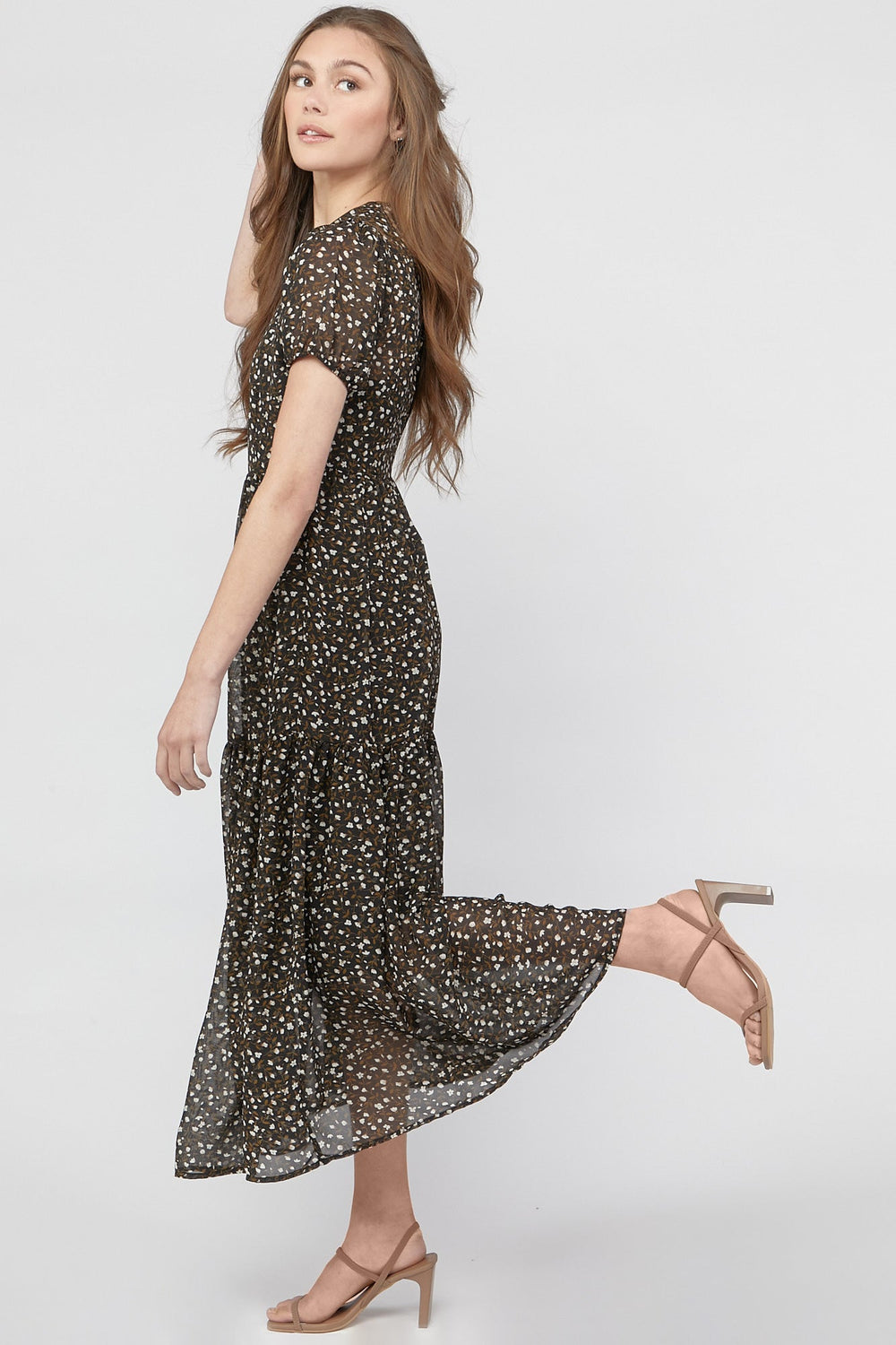 Floral Tiered Mesh Maxi Dress Charcoal