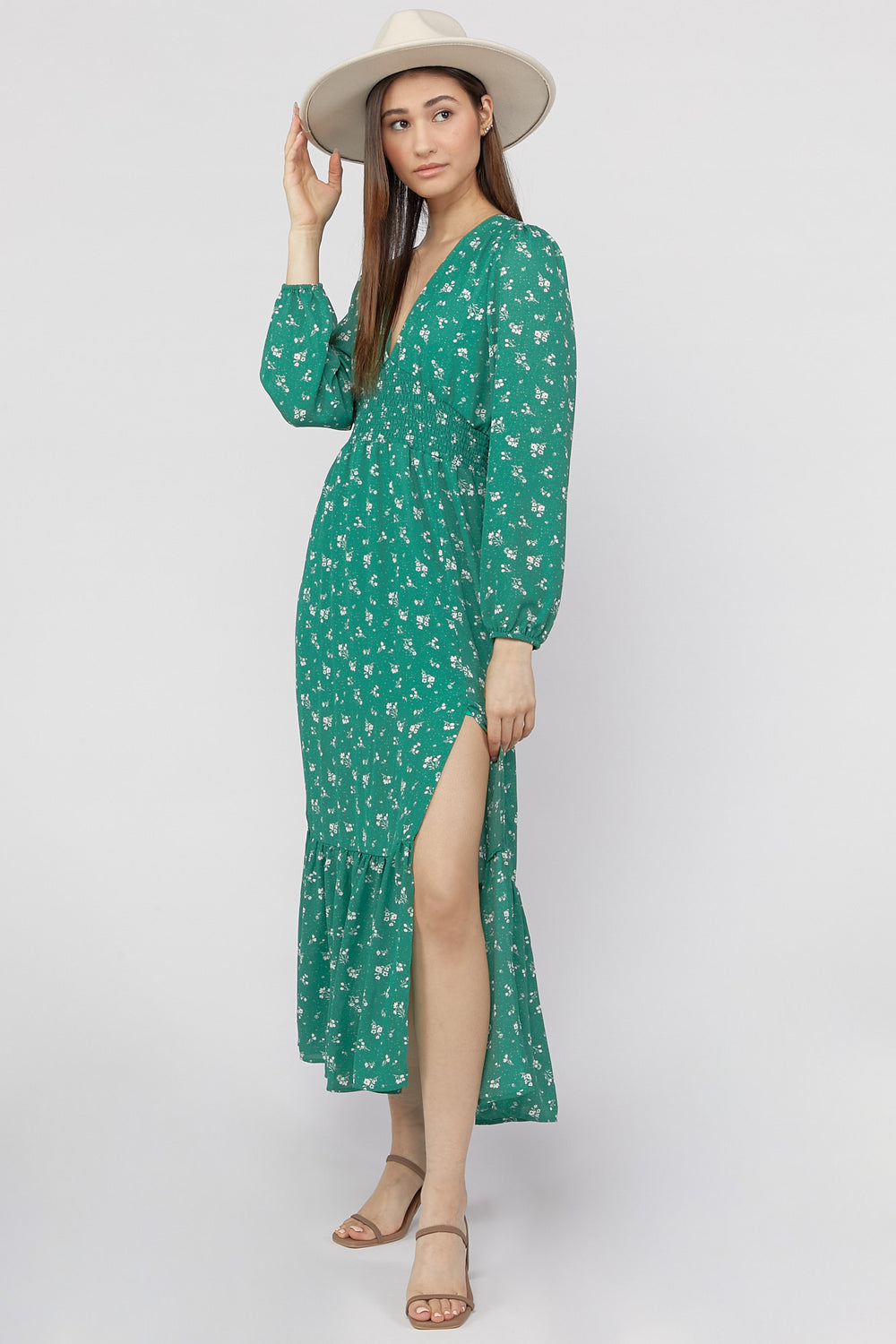 Floral Print Long Sleeve Midi Dress Jade