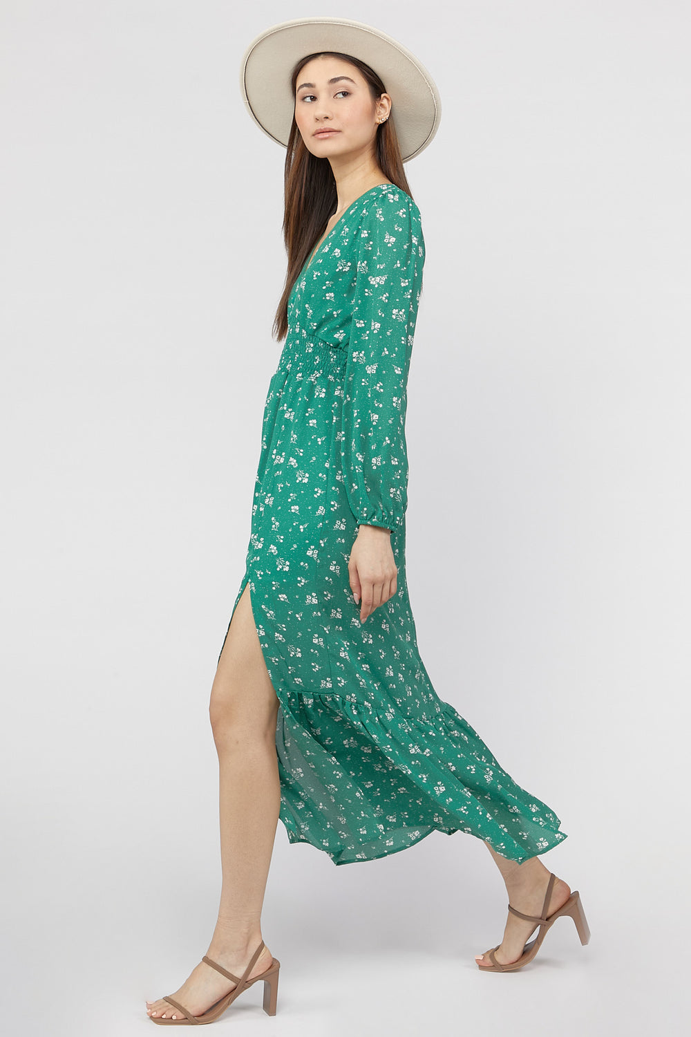Floral Print Long Sleeve Midi Dress Jade
