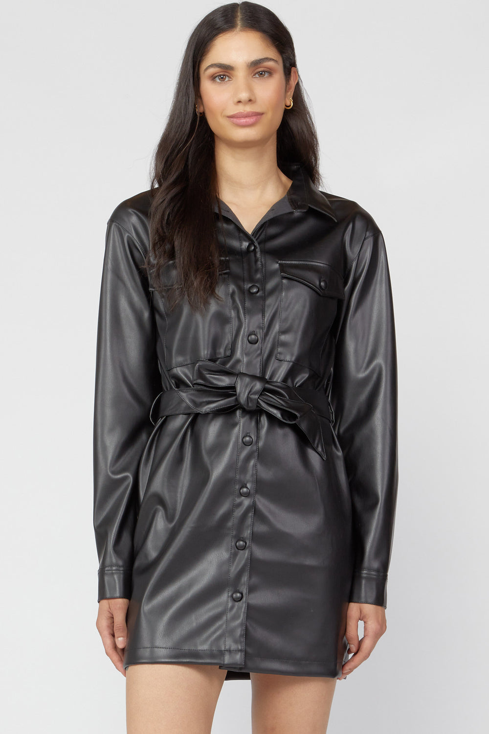 Faux-Leather Shirt Dress Black