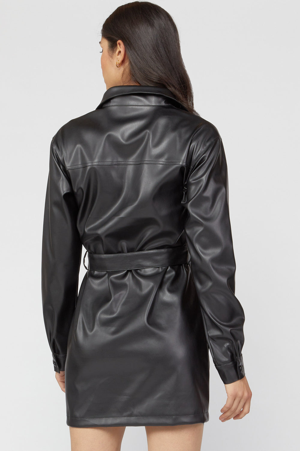 Faux-Leather Shirt Dress Black