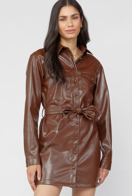 Link to Faux-Leather Shirt Dress Brown