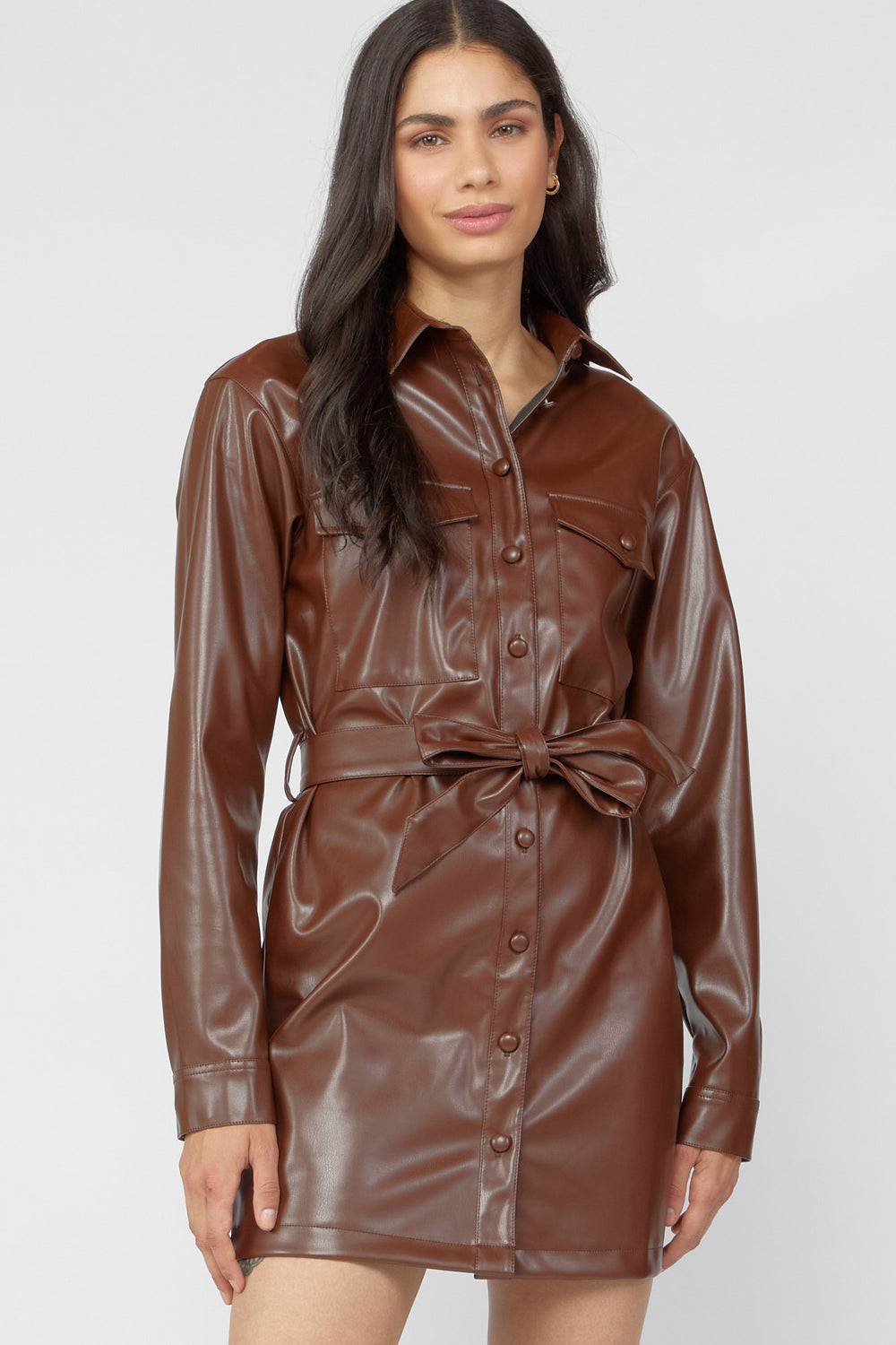 Faux-Leather Shirt Dress Brown
